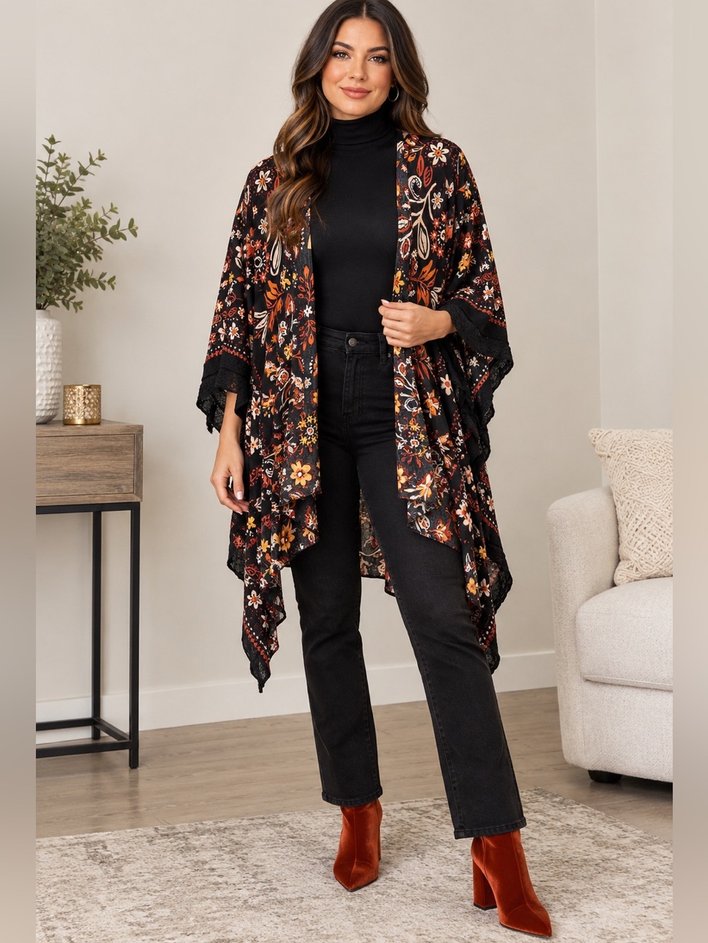Easel Floral-Print Women’s Jeans - Black with Orange Floral